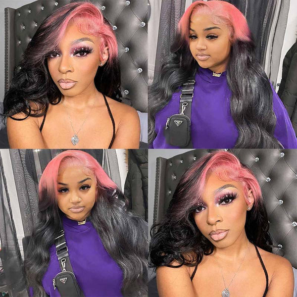 Pinky lace front  wig with dark roots Human Hair Lace Front Pink Color With Dark Root Bob Wig  main image 2