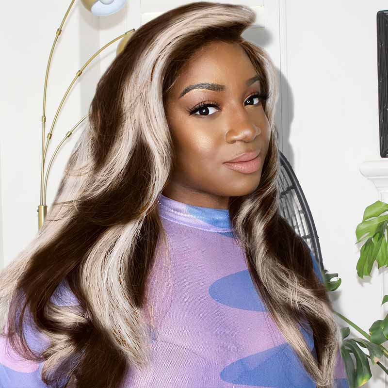 18 inch Blonde And Brown Hair 13x4 Body Wave Lace Front Wig Platinum Brown Highlights