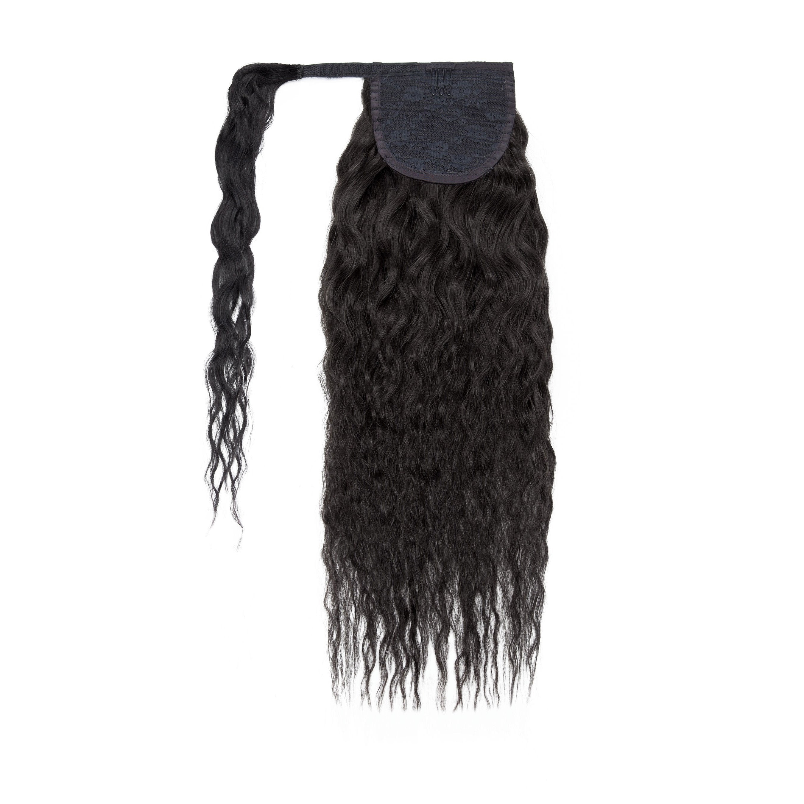 Ponytail Hairpieces Human Hair Wavy Clip In Ponytail Extensions Black 1B