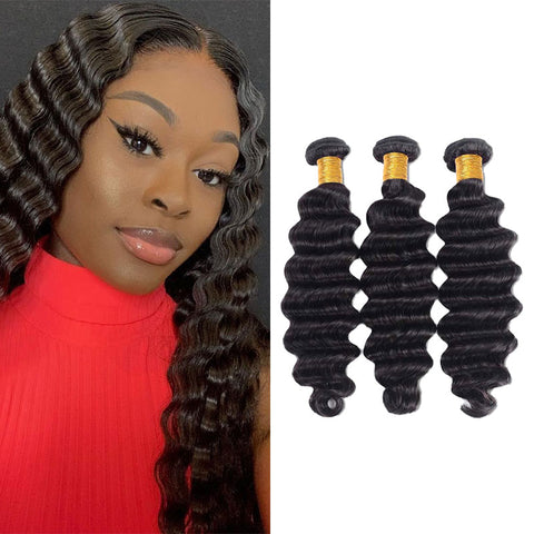 3PCS Deep Wave Unprocessed Brazilian Virgin Hair Extensions Natural Black