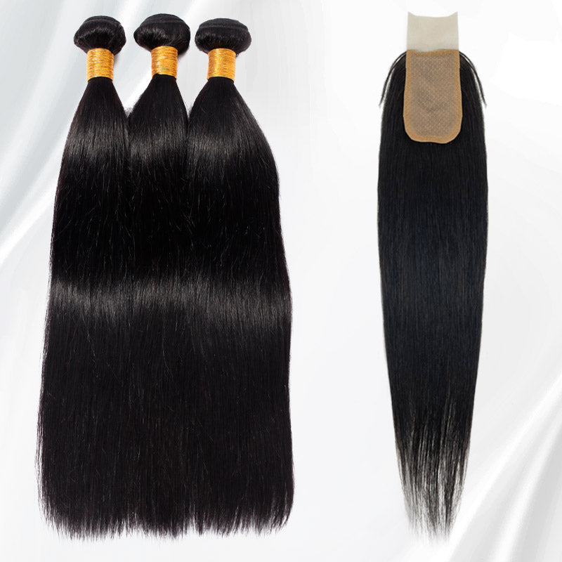 Human Hair Bundles With Lace Closure Straight Virgin Hair 2x4 Machine Made Closure
