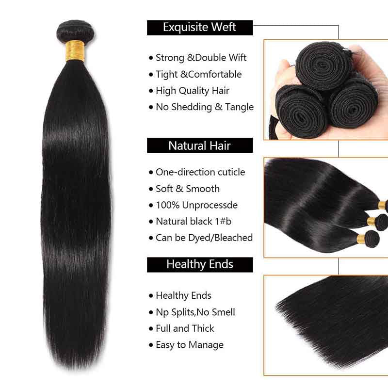 Human Hair Bundles With Lace Closure Straight Virgin Hair 2x4 Machine Made Closure
