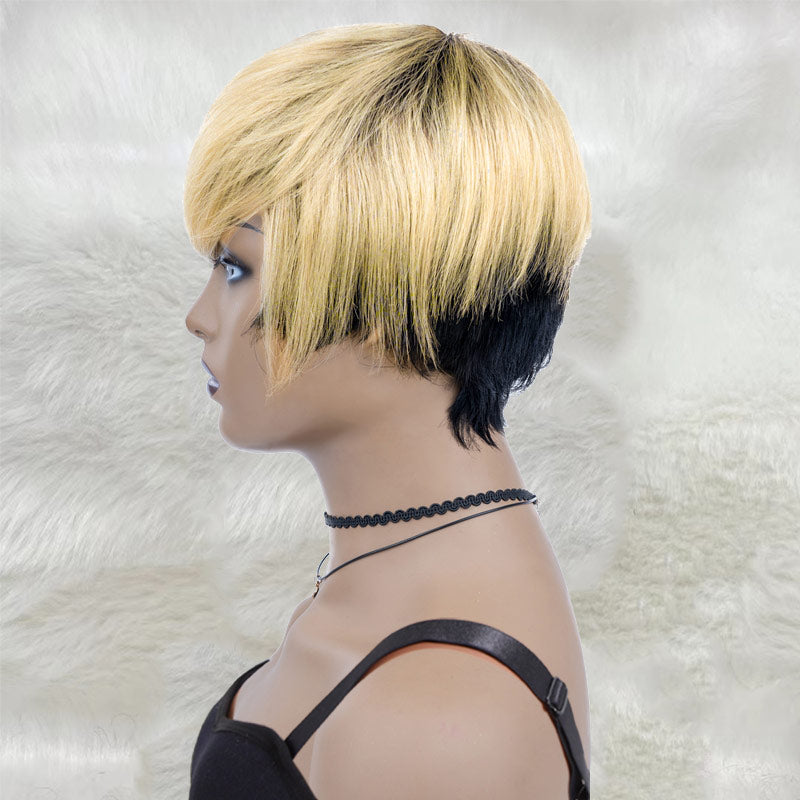 Short Pixie Cut Wigs Blonde Layered Bangs Human Hair Wigs with Bangs
