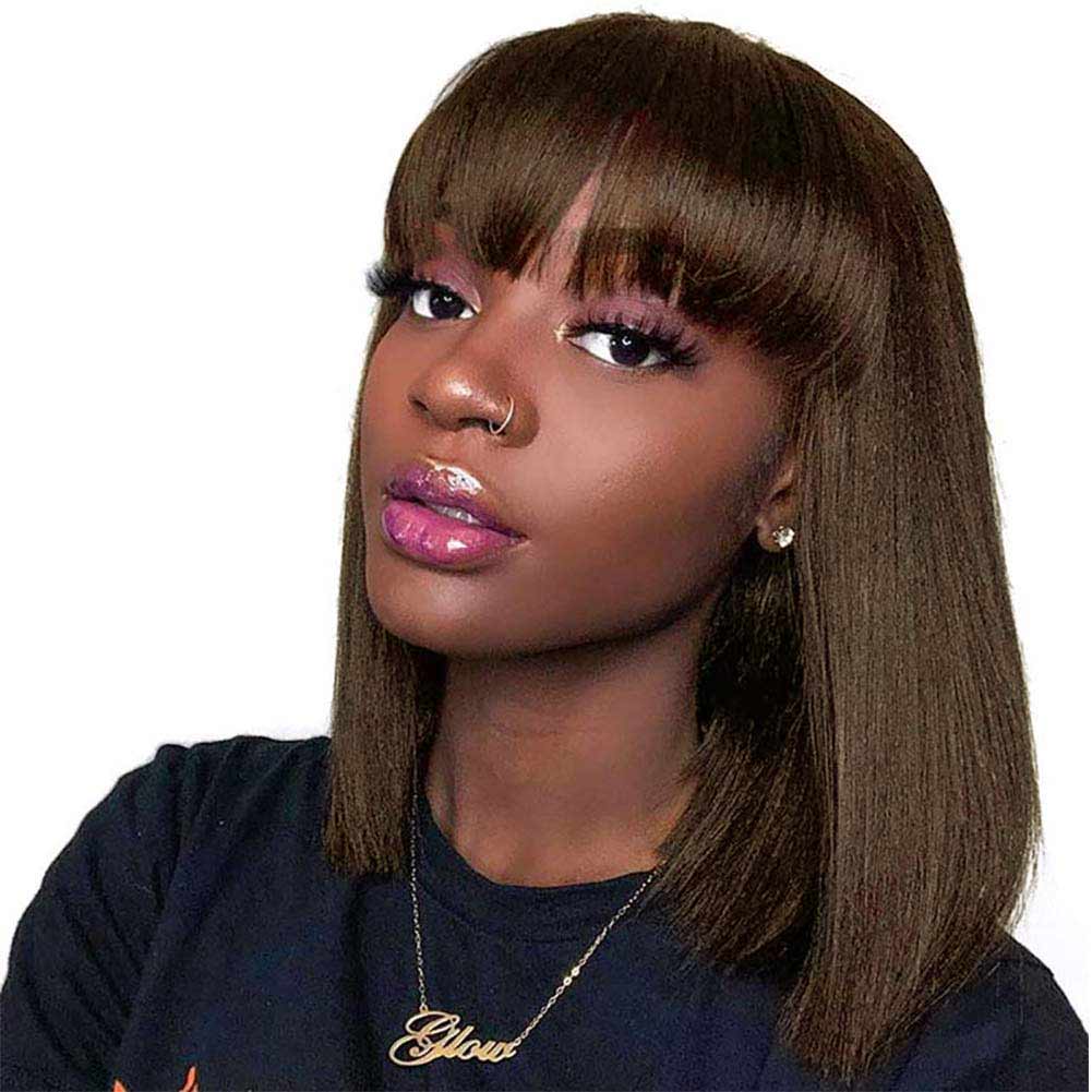 Bob Wig With Bangs Synthetic Hair Straight Brown Hair For Women Daily Used 14inch