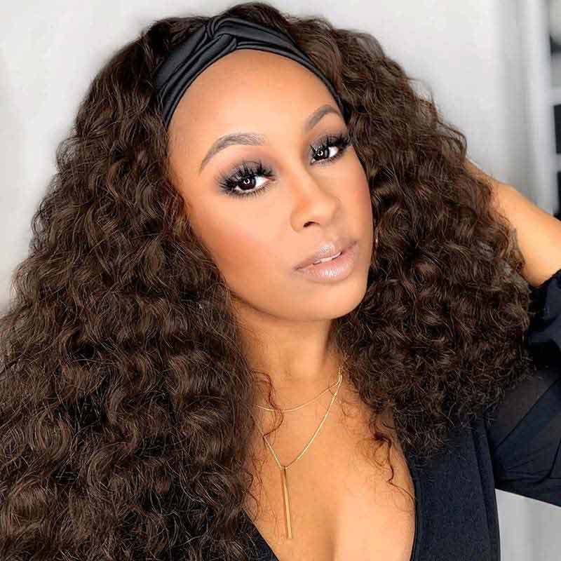 Deep Curly Wig with Headband None Lace Front Wigs Brown Colored 150% Density