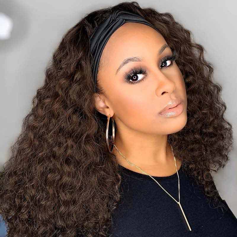 Deep Curly Wig with Headband None Lace Front Wigs Brown Colored 150% Density