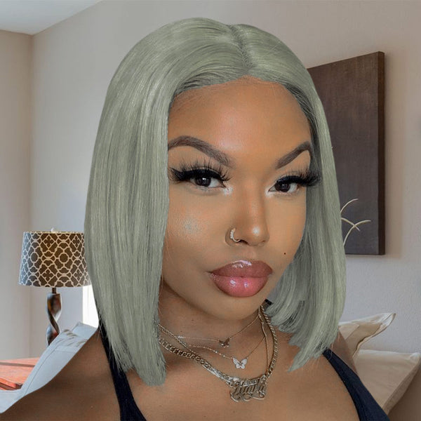 Grey bob wig with deep middle part Gray Bob Wig Human Hair - 10 Inch Silky Straight Middle Part  main image 4