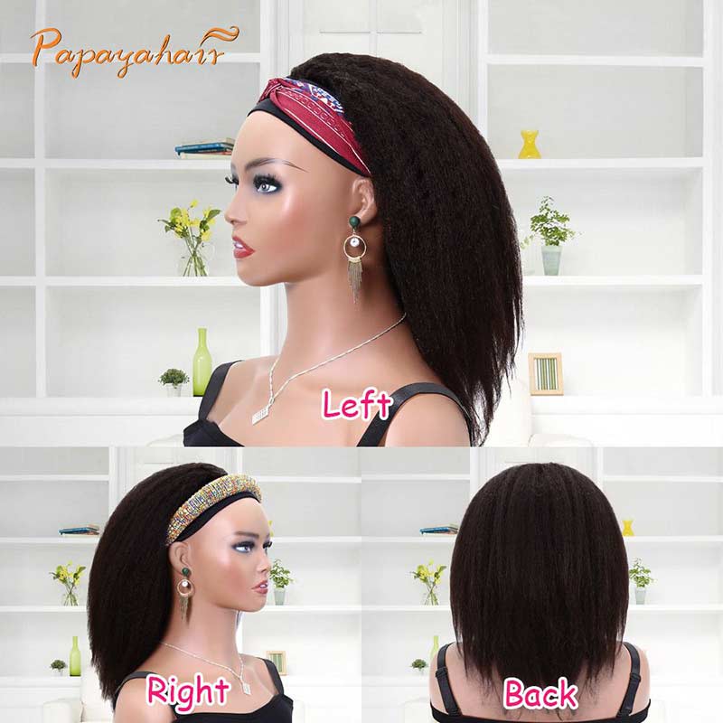 Headband Wigs For Black Women Kinky Straight Human Hair Wig Glueless Brown Color 2