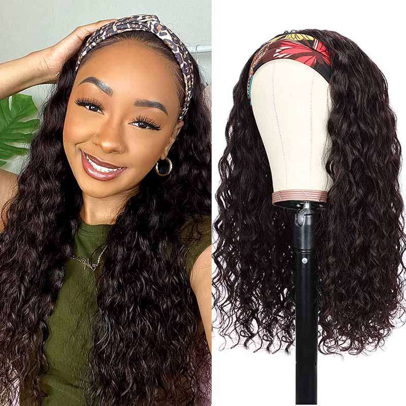 Headband Wigs Human Hair Water Wave Machine Made Wig Brown 02#