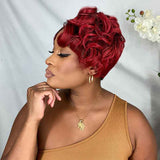 Ombre Red Pixie Cut Side Part Lace Front Wigs Bob Wavy Human Hair