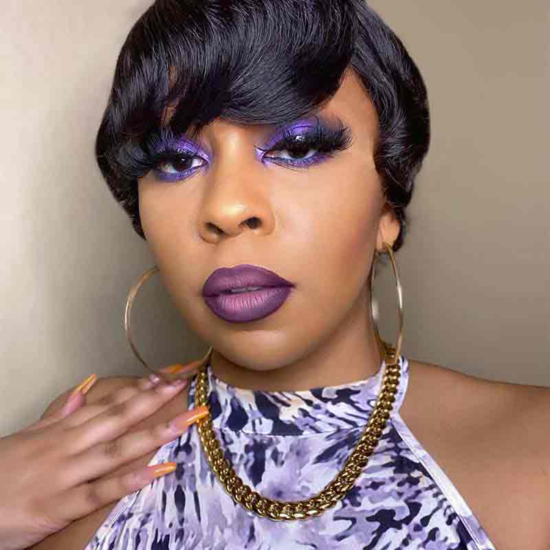 Pixie Cut Wigs With Bangs Short Black Layered Human Hair Black Wig For Women