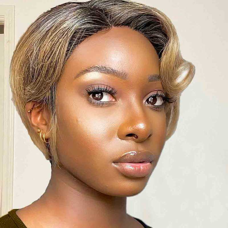 Human Hair Glueless Pixie Lace Front Wigs Curly T-part Ombre Dark Blonde 1BT27