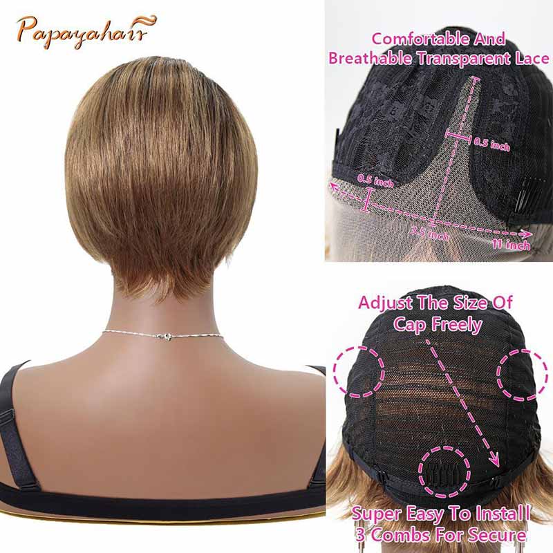 Pixie Cut Wig Lace Front Wigs Ombre Black Blonde Human Hair Side Part