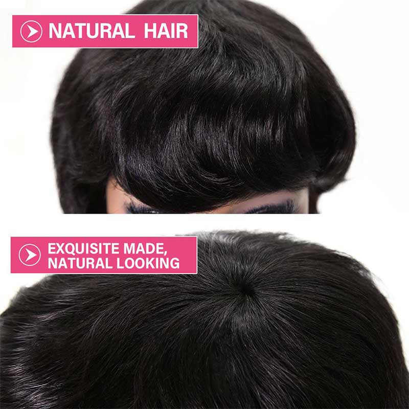 Pixie Cut Wigs With Bangs Short Black Layered Human Hair Black Wig For Women