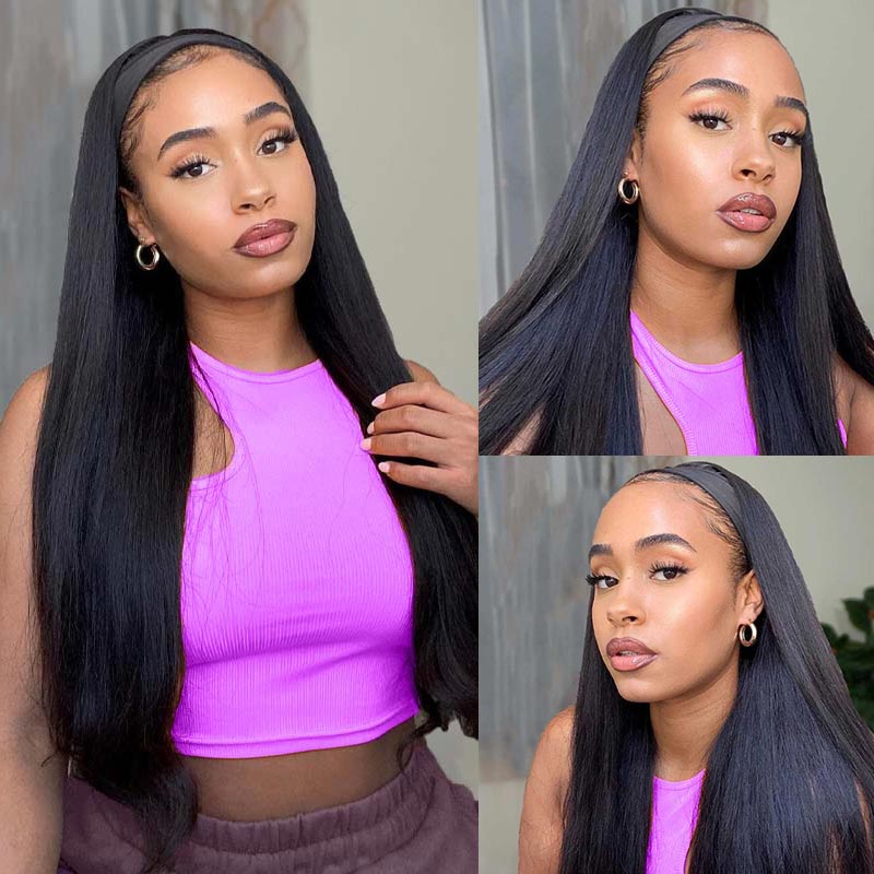 Human Hair Headband Wig Natural Straight Black Wig With Scarf for Beginners