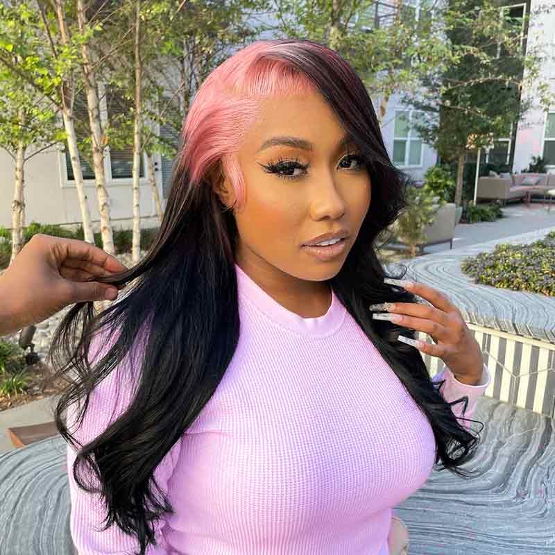 13x4 HD Lace Frontal Wig Straight Ombre Pink And Black Color Human Hair
