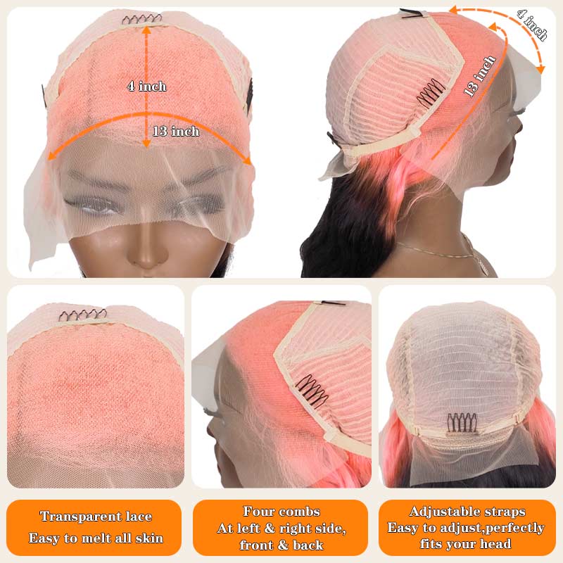 13x4 HD Lace Frontal Wig Straight Ombre Pink And Black Color Human Hair