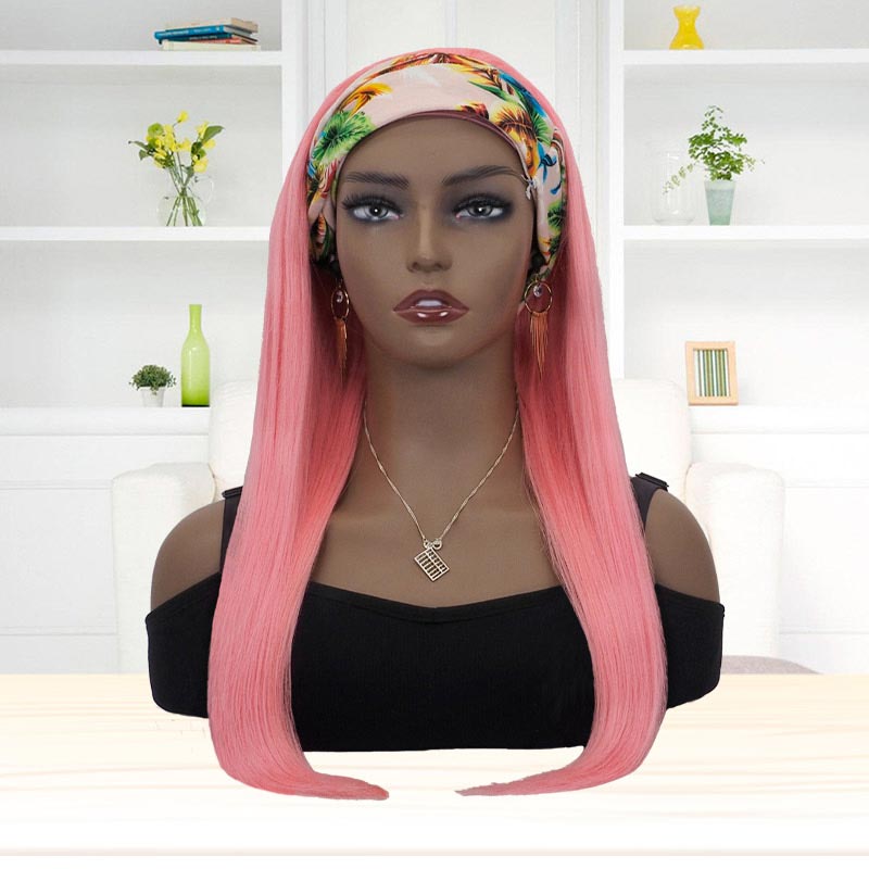 Pink Human Hair Wig With Headband Attache Straight Machine Made Wig