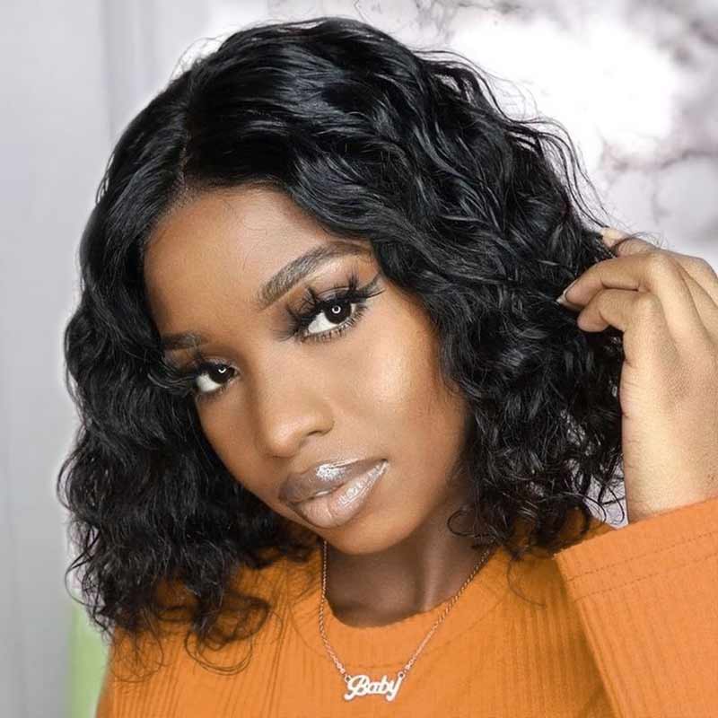 Short Wavy Bob Wigs T Part Human Hair 12 Inch Shoulder Length Hair