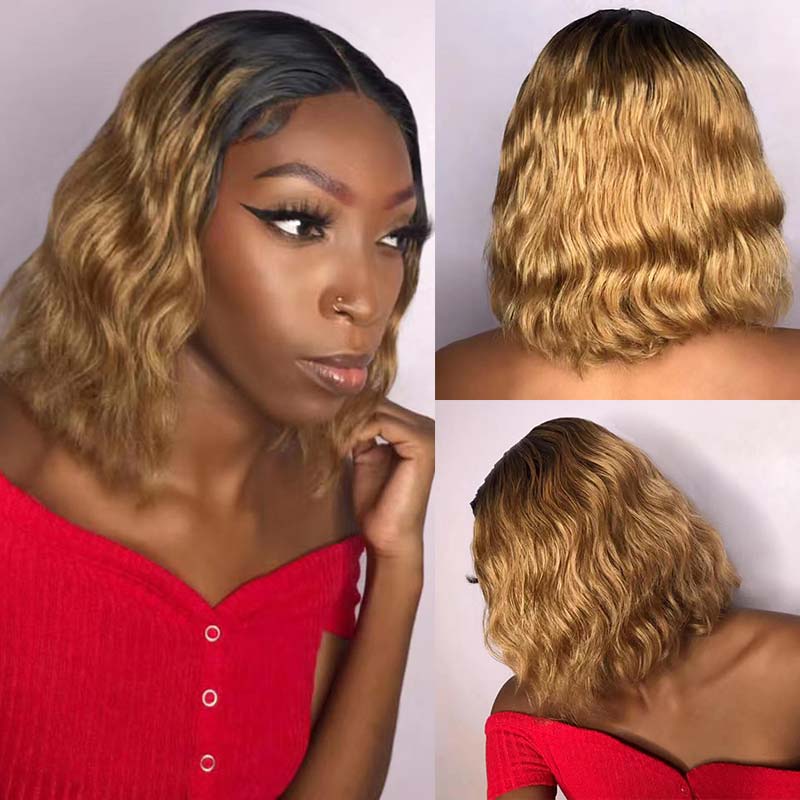 Short Wavy Bob Wigs Ombre Lace Front Human Hair Wigs Shoulder Length 1B/27