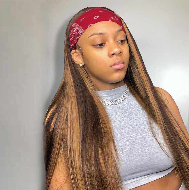 Highlight Brown Headband Wigs Human Hair Glueless Half Wig for Black Women 4p27
