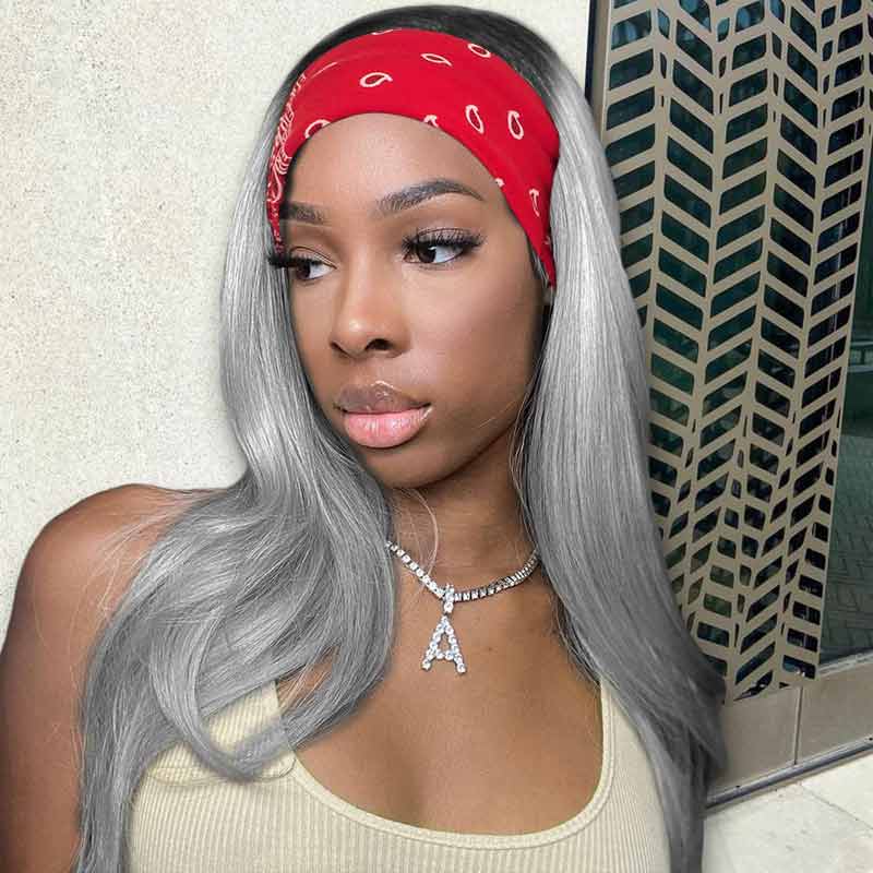 Grey Headband Wig For Women Human Hair Ombre Black Wigs