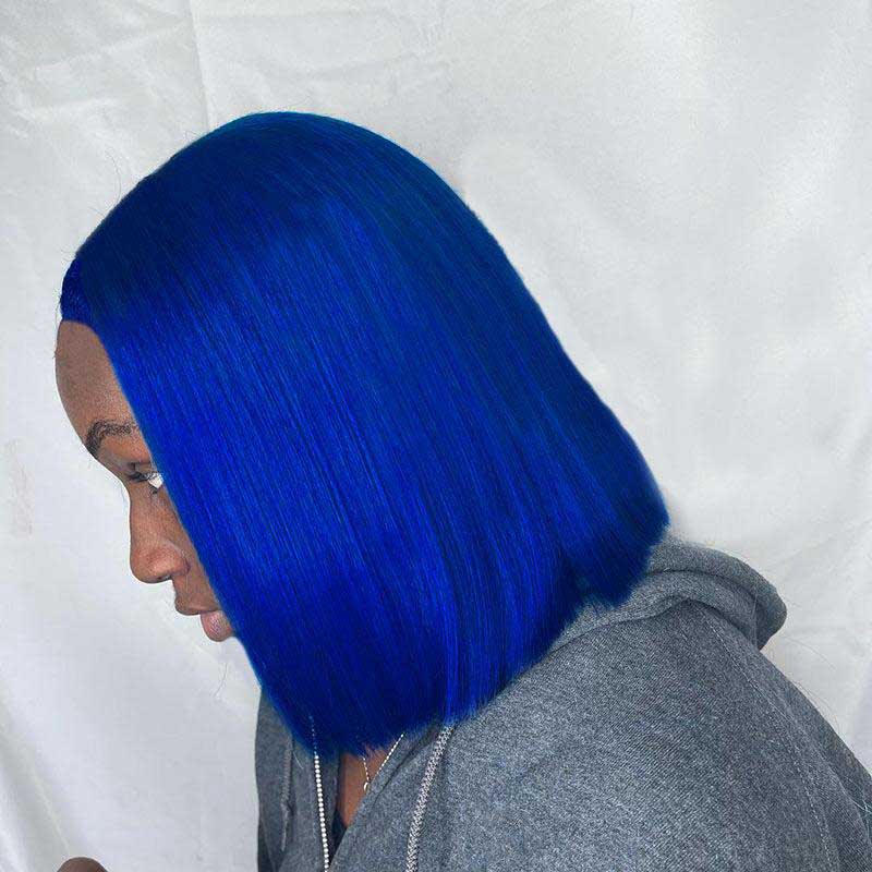 Lace Front Short Bob Wigs Straight Blue Human Hair Party Wig For Women