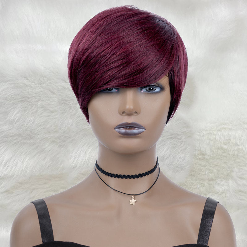 Short Cut Pixie Wigs with Layered Bangs 1B/99J Huma Hair For Black Women