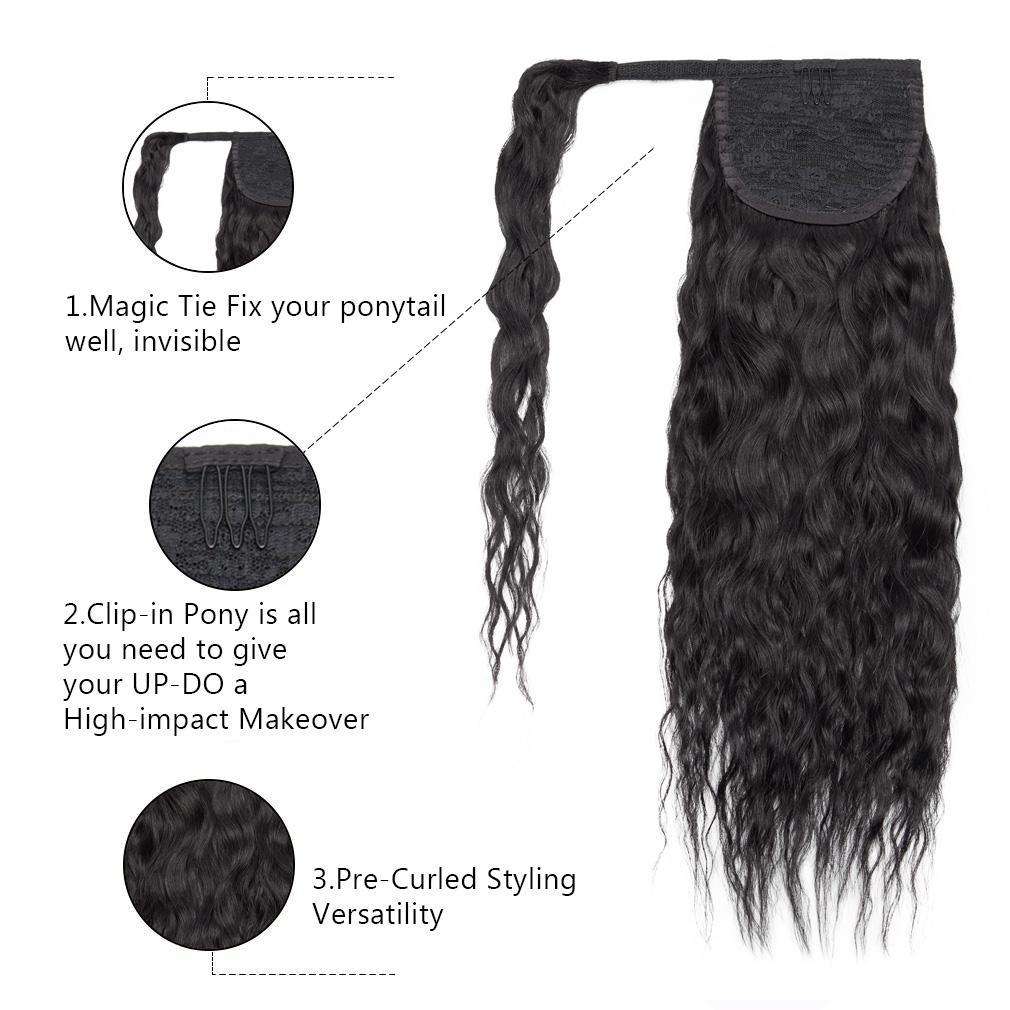 Ponytail Hairpieces Human Hair Wavy Clip In Ponytail Extensions Black 1B