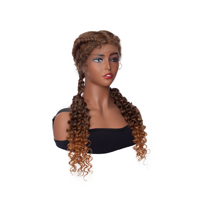28" Hand-Braided Wigs Two Feed In Braids Curly Long Synthetic Hair French Braid Wig
