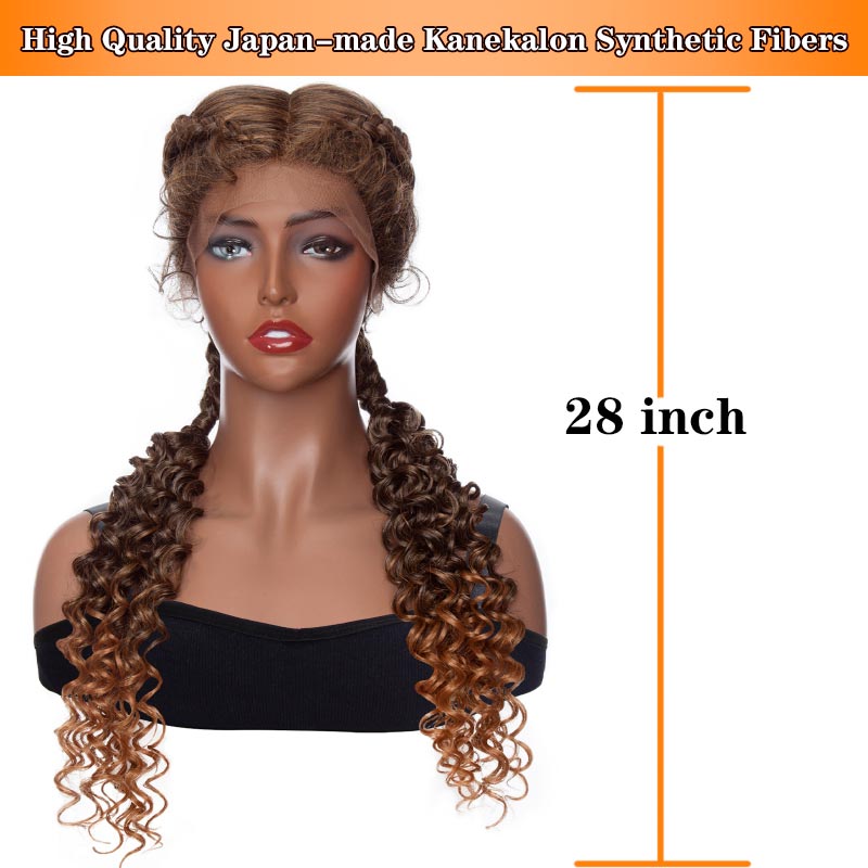 28" Hand-Braided Wigs Two Feed In Braids Curly Long Synthetic Hair French Braid Wig