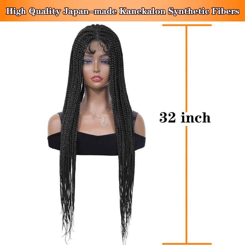 32Inch Long Braided Box Braids Wigs Synthetic Lace Front Wig with Baby Hair