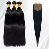 3PCS Human Hair Straight Bundles With 4x4 Lace Closure Machine Made