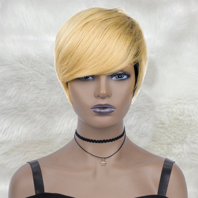 Short Pixie Cut Wigs Blonde Layered Bangs Human Hair Wigs with Bangs