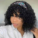 Papayahair Headband Wigs with Bangs Bob Curly Human Hair Wig for Black Girls