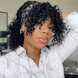 Papayahair Headband Wigs with Bangs Bob Curly Human Hair Wig for Black Girls