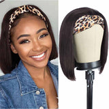 Bob Headband Wigs Straight Human Hair Dark Brown Short Wig with Scarf