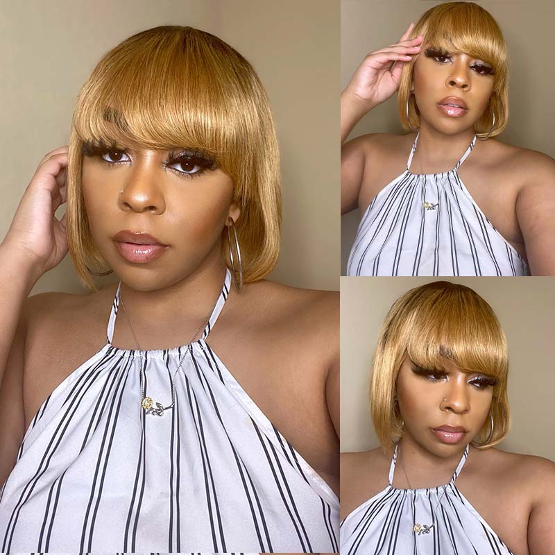 Bob Wig With Bangs Ombre Honey Blonde Human Hair For Women