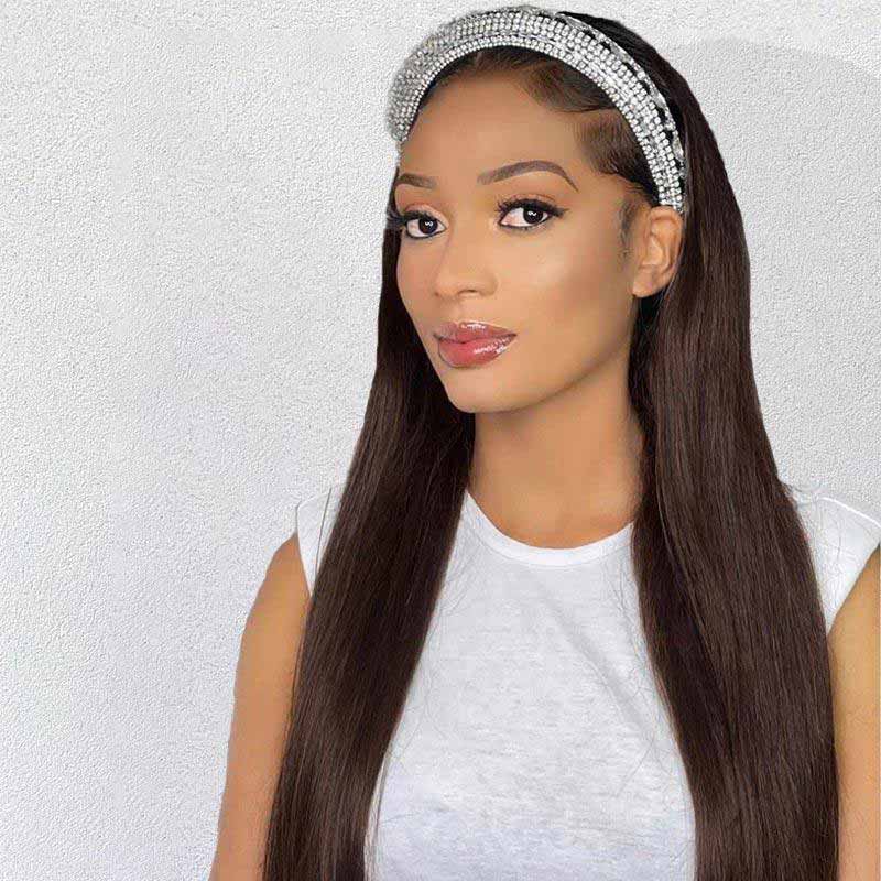 Straight Human Hair Headband Wigs for Women Easy to Wear Brown Wig