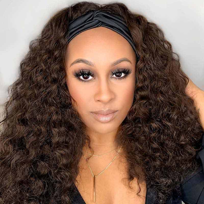 Deep Curly Wig with Headband None Lace Front Wigs Brown Colored 150% Density