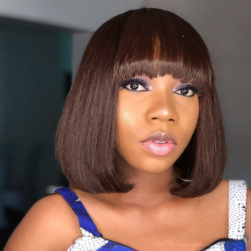 Wig with Bangs Human Hair Straight Glueless Short Bob with Bangs for Black Women