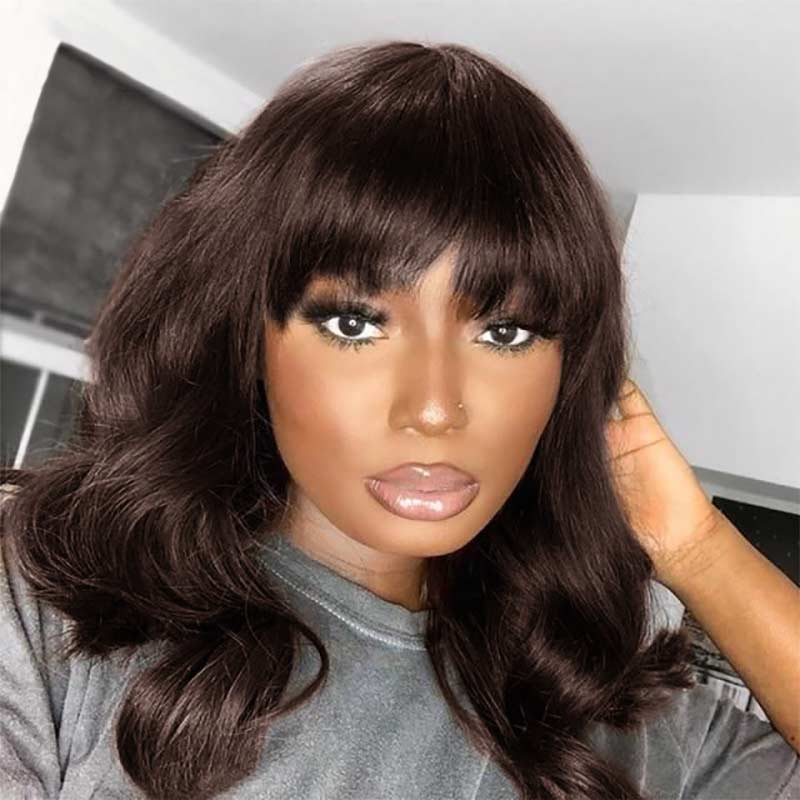 New Year 60% OFF Bob Wig With Bangs Dark Brown Human Hair