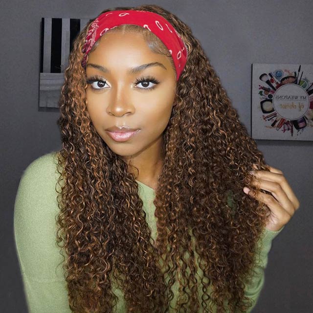 Kinky Curly Headband Wigs Human Hair Highlight 4P27 African American Wig