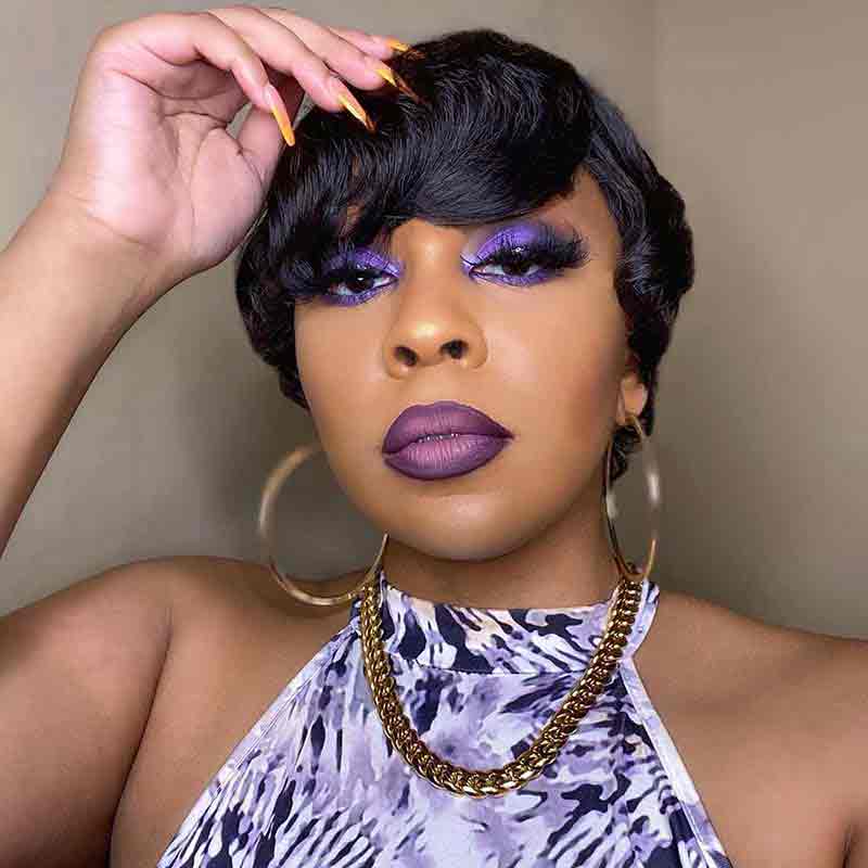 Pixie Cut Wigs With Bangs Short Black Layered Human Hair Black Wig For Women