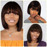 Glueless Dark Brown Wig With Bangs Short Bob Human Hair Colored