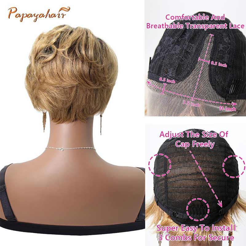 Human Hair Glueless Pixie Lace Front Wigs Curly T-part Ombre Dark Blonde 1BT27
