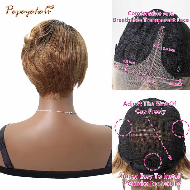 Human Hair Glueless Pixie Lace Front Wigs Curly T-part Dark To Light Auburn 30