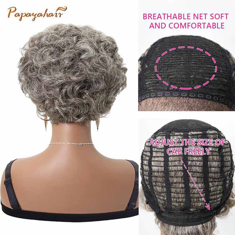 Salt and Pepper Pixie Wigs For Black Women Short Curly Human Hair Wigs for Older Women