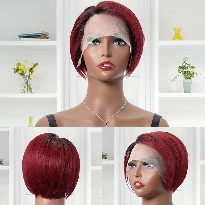 Bob Cut Wigs Red Burgundy Straight Human Hair T Part Side Part Lace Wig
