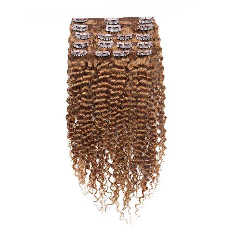 Clip in Human Hair Extensions Brazilian Kinky Curly African 3C 4A Light Brown 30#